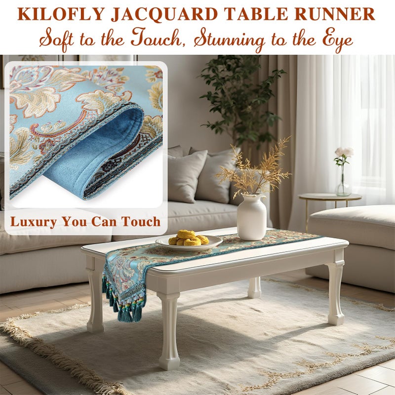 kilofly Elegant Floral Brocade Jacquard Table Runner Tassels (69 x 12 inches) - Image 5